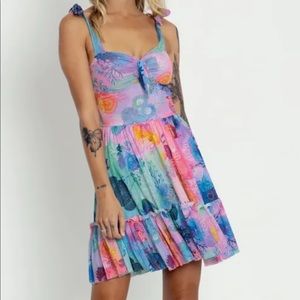 Blackmilk Floral Coral Rainbow Sweet Tie Short Dress